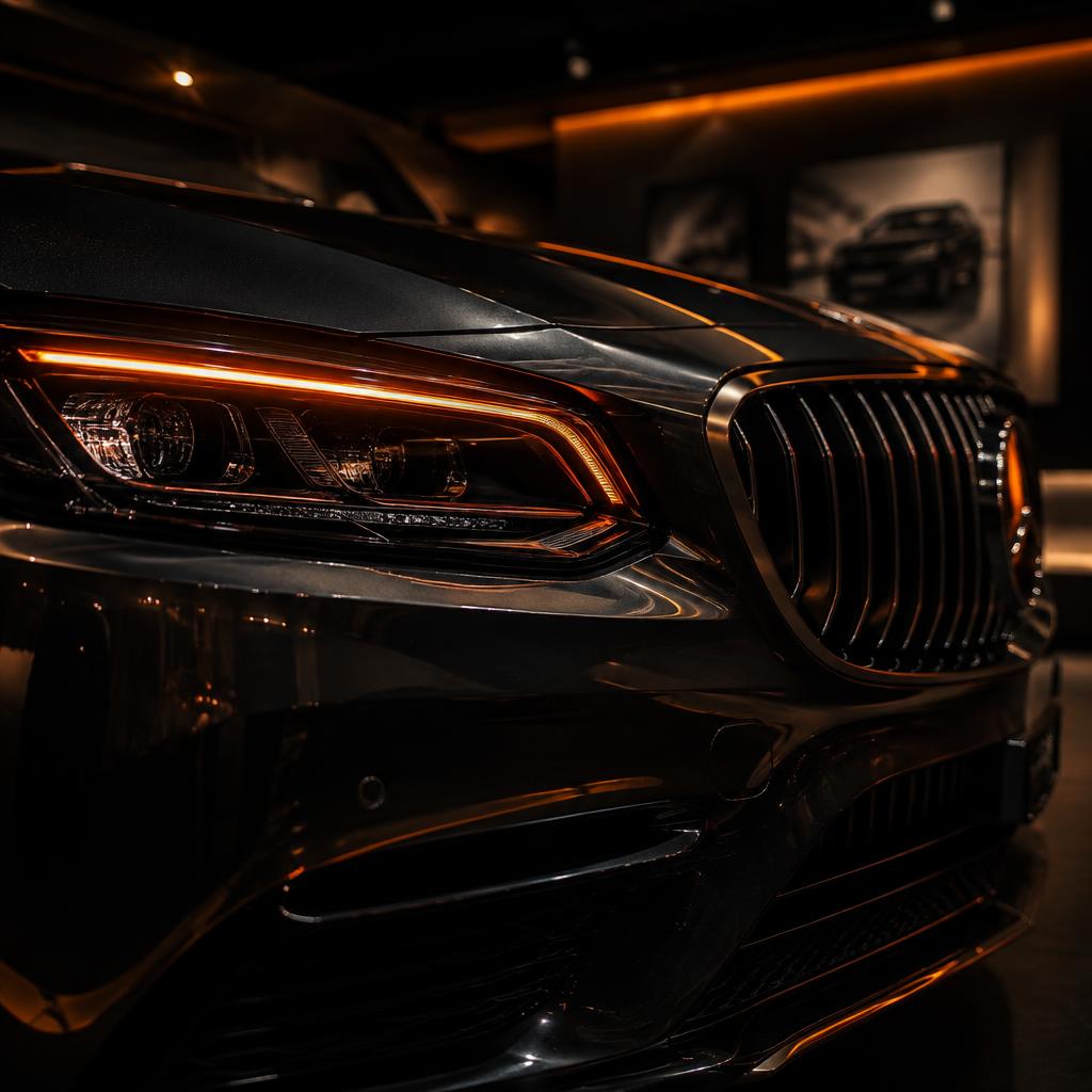 Luxury car headlight glowing amber in a dark showroom